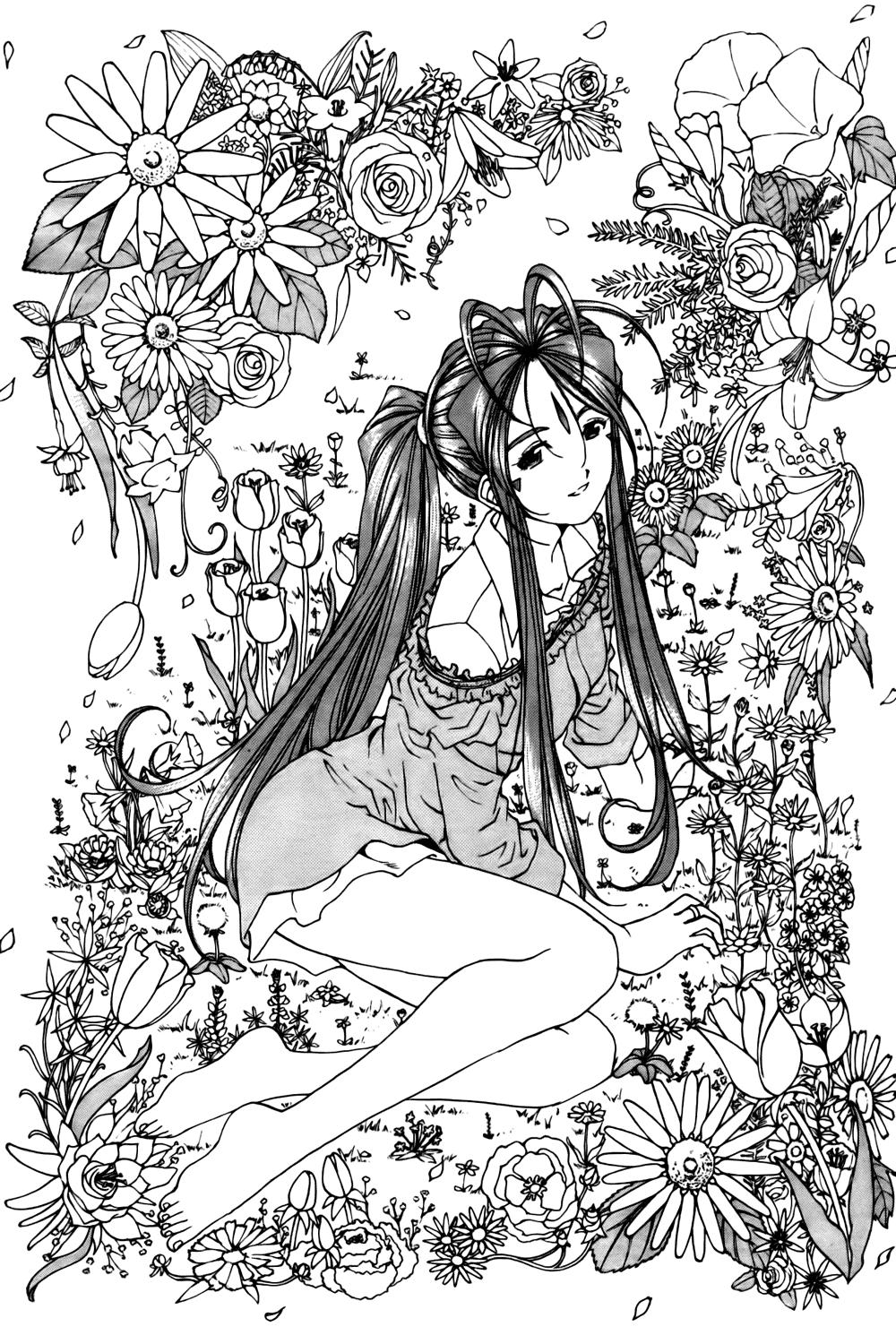 barefoot belldandy dress facial_mark flower forehead_mark highres legs long_hair monochrome ponytail sitting smile solo very_long_hair