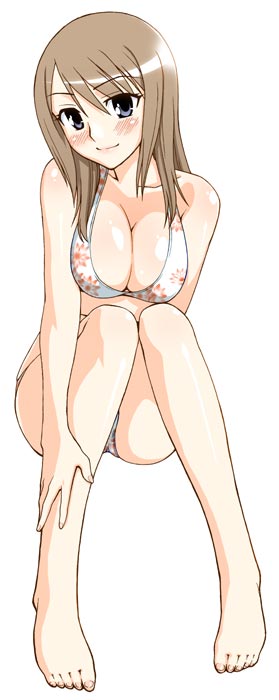 bikini blue_eyes blush breasts brown_hair cleavage feet large_breasts swimsuit unagimaru