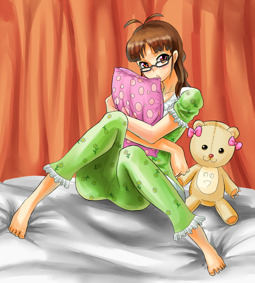 akizuki_ritsuko amanooni_touri bad_id barefoot bed blush brown_hair feet glasses idolmaster lonely long_hair pajamas pillow pillow_hug red_eyes sitting stuffed_animal stuffed_toy teddy_bear yokkora