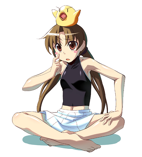 bird brown_eyes brown_hair chick chikugen_shiina halter halterneck midriff sitting skirt tank_top twintails