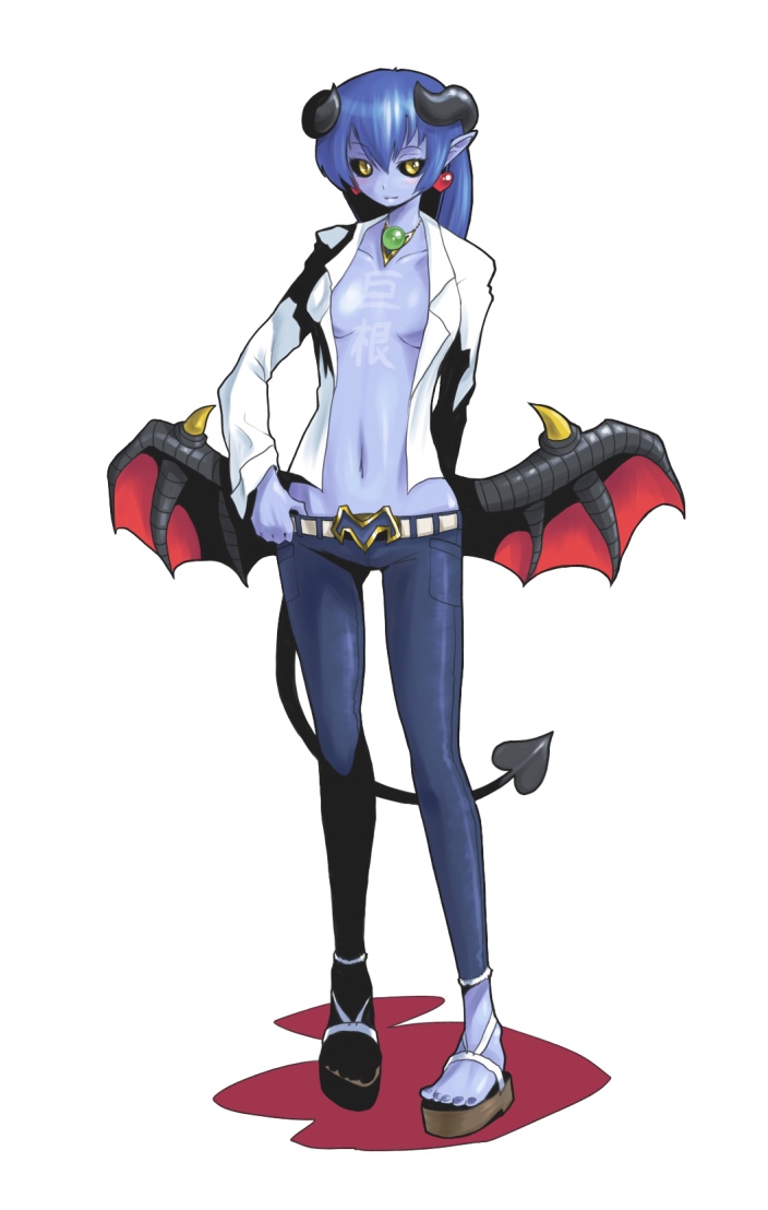 astaroth bad_feet black_sclera blue_skin demon_girl horns jeans lowleg lowleg_pants open_clothes open_shirt oso oso_(toolate) pants shinrabanshou shirt tail yellow_eyes