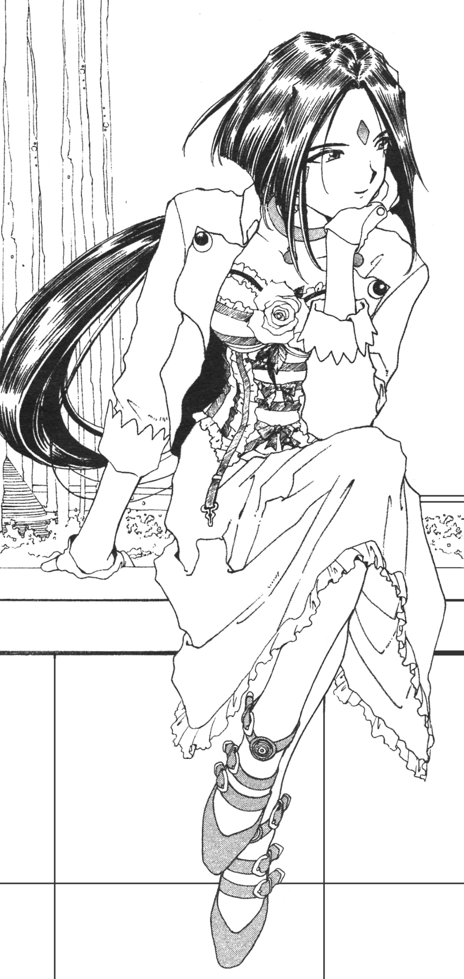 dress facial_mark forehead_mark fujishima_kousuke highres long_hair monochrome peorth ponytail sitting