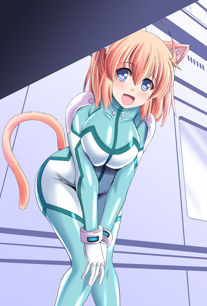 1girl ahoge animal_ears blonde_hair blue_eyes bodysuit breasts cat_ears cat_tail eyebrows_visible_through_hair hands_on_own_knees large_breasts leaning_forward looking_at_viewer open_mouth original pudding_(tonpuu) skin_tight solo tail tonpuu