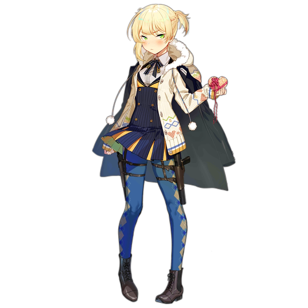 1girl alternate_costume argyle argyle_legwear asymmetrical_hair bangs black_footwear blonde_hair blue_legwear blue_skirt blush boots box braid cardigan closed_mouth eyebrows_visible_through_hair full_body girls_frontline green_eyes gun heart-shaped_box holding holster looking_at_viewer official_art open_cardigan open_clothes pantyhose pout short_hair side_ponytail skirt sleeves_past_wrists solo striped striped_skirt thigh_holster transparent_background ushi_(newrein) weapon welrod_mk2_(girls_frontline)