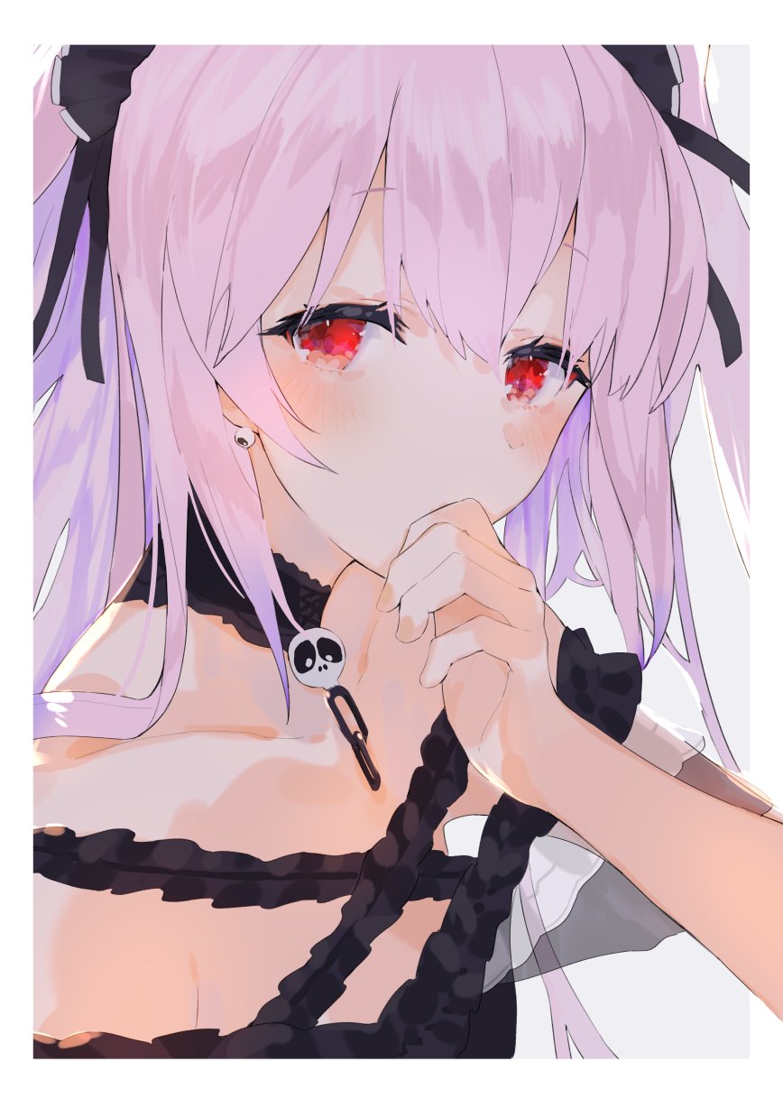 1girl black_choker black_dress blush chain choker commentary covered_mouth covering_mouth dress eyelashes frilled_dress frills hair_between_eyes hair_ribbon hand_over_own_mouth highres hinata_(hinata-ur) hololive long_hair looking_at_viewer off-shoulder_dress off_shoulder pink_hair red_eyes ribbon solo twintails upper_body uruha_rushia virtual_youtuber