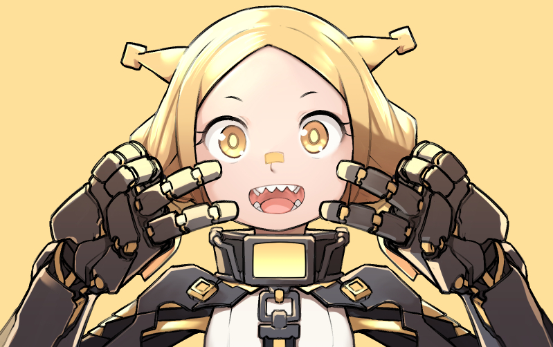 1girl :d aoi_tsunami bandaid bandaid_on_nose bangs blonde_hair brown_background brown_eyes commentary double_v forehead hands_up looking_at_viewer mechanical_arm open_mouth original parted_bangs portrait sharp_teeth shirt simple_background smile solo teeth v v-shaped_eyebrows white_shirt