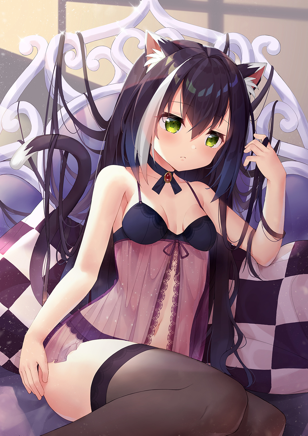 1girl animal_ear_fluff animal_ears bangs bare_arms bare_shoulders black_bra black_hair black_legwear black_panties blush bra breasts cat_ears cat_girl cat_tail checkered_pillow collarbone commentary_request eyebrows_visible_through_hair gem green_eyes hair_between_eyes highres karyl_(princess_connect!) long_hair looking_at_viewer low_twintails lying medium_breasts multicolored_hair navel on_back panties princess_connect! princess_connect!_re:dive revealing_clothes see-through solo streaked_hair tail taku_michi thigh-highs twintails underwear very_long_hair white_hair