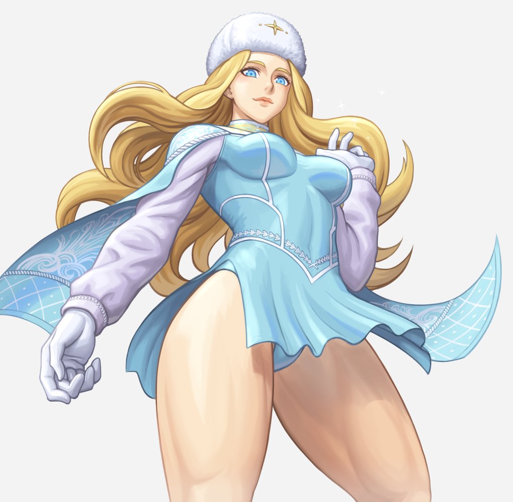 1girl blonde_hair blue_dress blue_eyes dress from_below gloves hat kolin lips long_hair long_sleeves noppo_(tarstation) smile solo street_fighter street_fighter_v thighs white_gloves