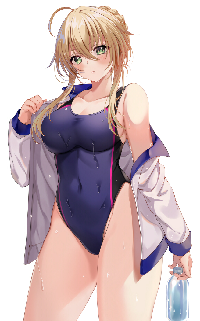 1girl ahoge artoria_pendragon_(all) artoria_pendragon_(lancer) blonde_hair bottle breasts competition_swimsuit cowboy_shot fate/grand_order fate_(series) green_eyes harimoji head_tilt jacket large_breasts looking_at_viewer one-piece_swimsuit purple_swimsuit simple_background solo standing swimsuit tied_hair white_background white_jacket