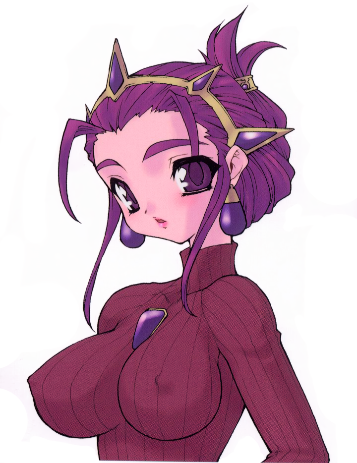 1girl breasts brooch covered_nipples earrings folded_ponytail headdress jewelry large_breasts long_sleeves open_mouth original purple_hair ribbed_sweater ruuen_rouga scan simple_background skin_tight solo sweater turtleneck upper_body violet_eyes white_background