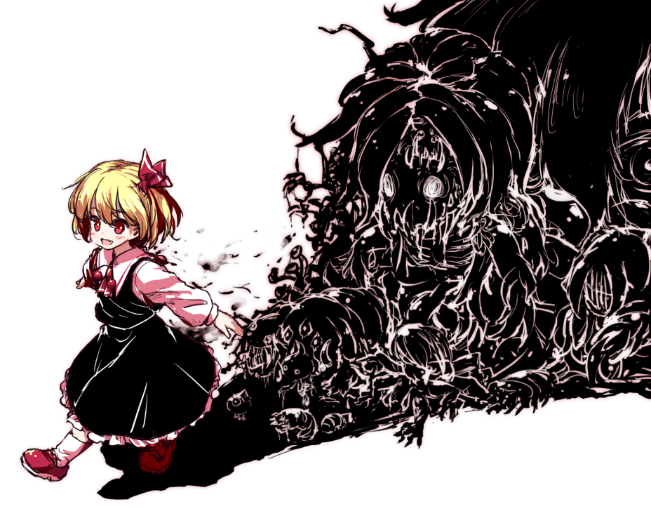 1girl black_skirt black_vest blonde_hair blush commentary_request darkness full_body hair_ribbon isu_(is88) long_sleeves monster open_mouth outstretched_arms red_eyes red_footwear red_neckwear red_ribbon ribbon rumia shadow shirt shoes short_hair simple_background skirt smile socks touhou vest walking white_background white_legwear white_shirt