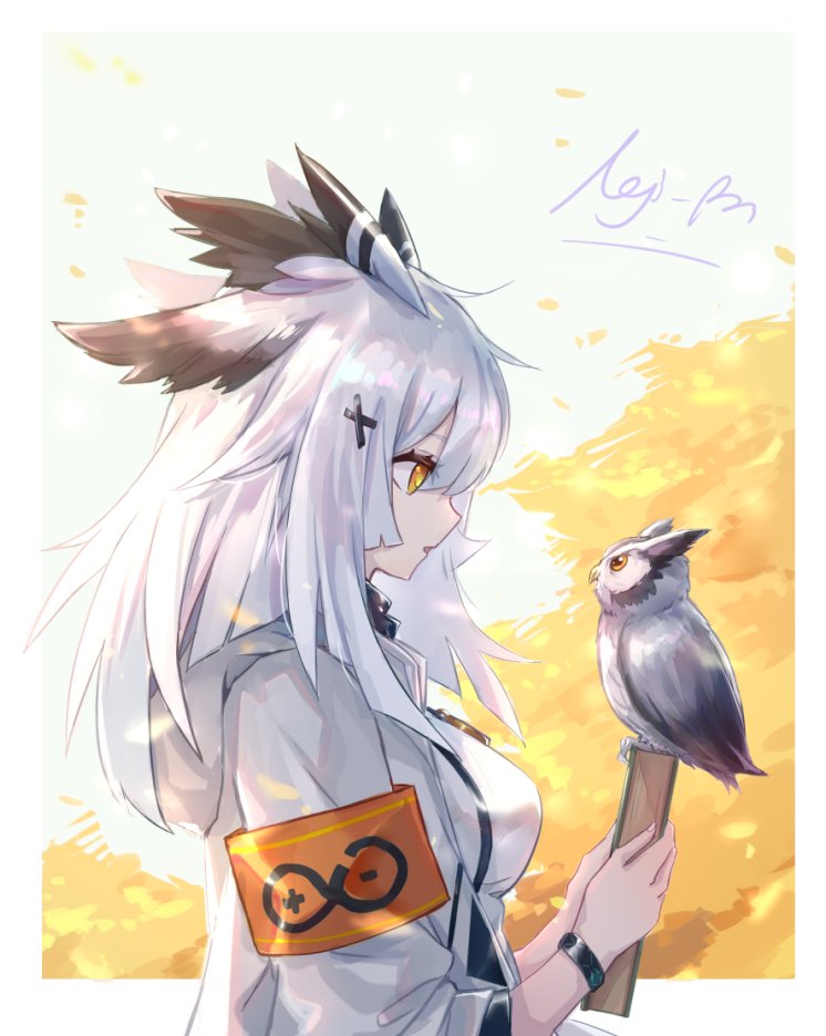 1girl arknights armband bird book bracelet feather_hair hood hooded_jacket jacket jewelry nejikyuu orange_eyes owl profile ptilopsis_(arknights) signature white_hair