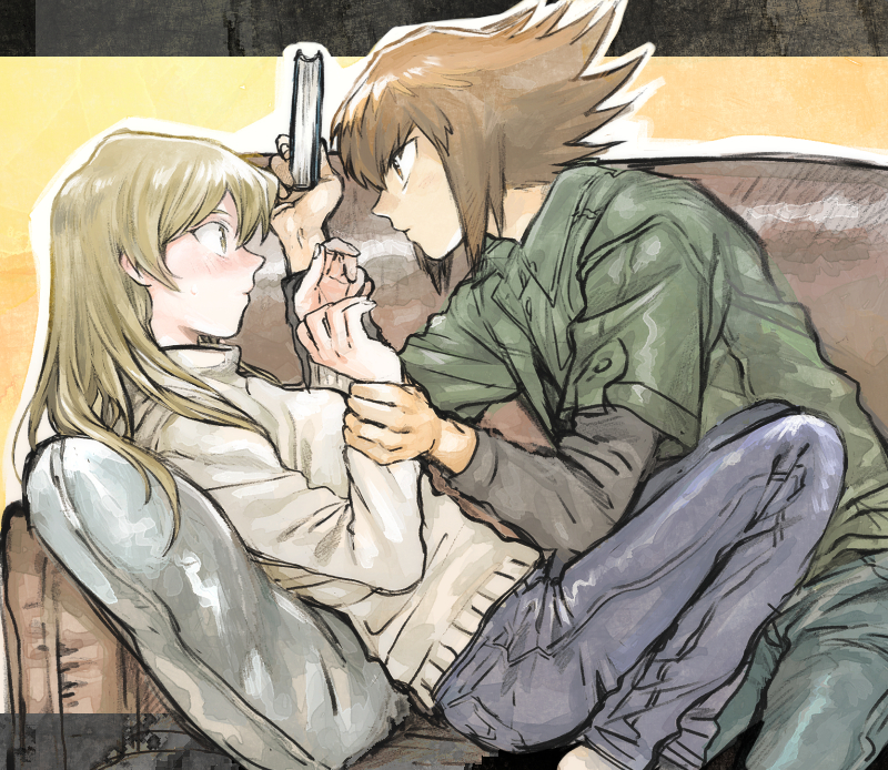 1boy 1girl 203wolves blonde_hair blue_pants brown_eyes brown_hair casual couch couple eye_contact from_side green_jacket grey_pants grey_shirt holding indoors jacket long_hair long_sleeves looking_at_another multicolored_hair open_clothes open_jacket pants pillow shiny shiny_hair shirt short_over_long_sleeves short_sleeves spiky_hair straight_hair sweater tenjouin_asuka traditional_media two-tone_hair white_sweater wrist_grab yuu-gi-ou yuu-gi-ou_gx yuuki_juudai