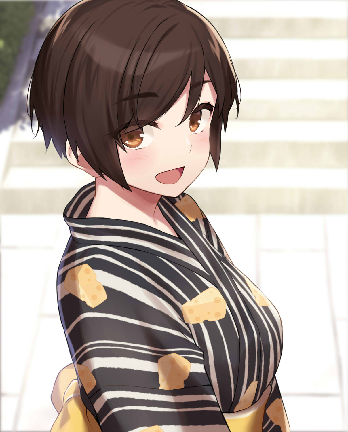 1girl :d back_bow bangs black_kimono blush bow breasts brown_eyes brown_hair cccpo cheese_print commentary_request day eyebrows_visible_through_hair food_print from_side highres japanese_clothes kimono looking_at_viewer looking_to_the_side medium_breasts obi open_mouth original outdoors print_kimono sash short_hair smile solo stairs striped striped_kimono swept_bangs upper_body yellow_bow yukata