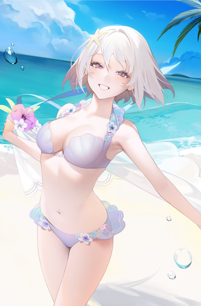 beach bikini breasts flower medium_breasts nacchan_(ohisashiburi) ohisashiburi original seashell shell short_hair smile swimsuit upper_body white_frills