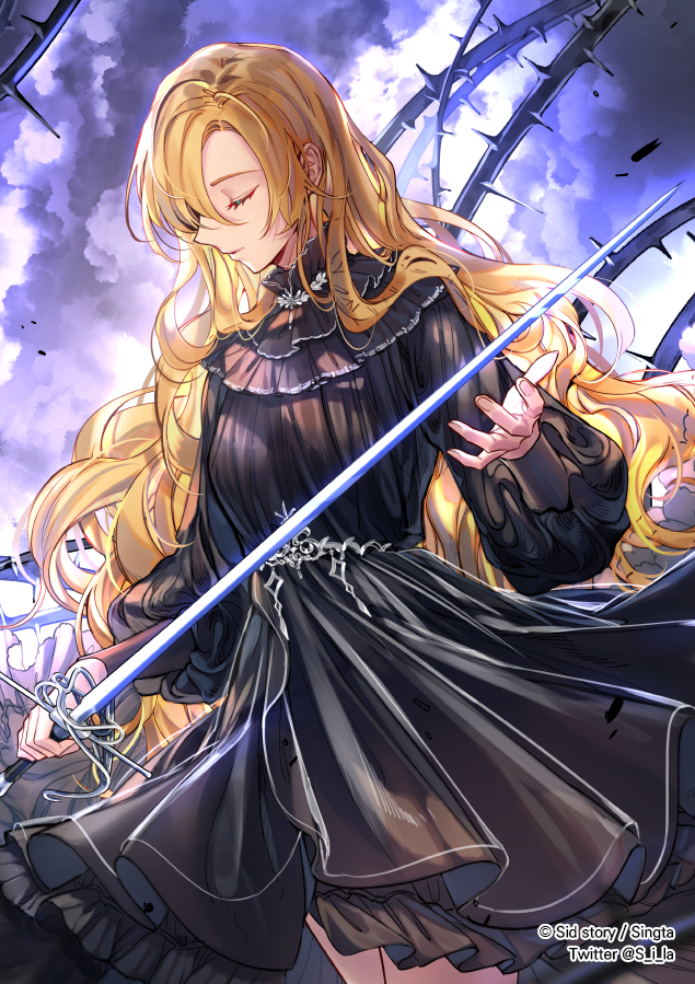 1girl black_dress blonde_hair blurry_foreground closed_eyes closed_mouth cowboy_shot curly_hair dress floating_hair hair_between_eyes holding holding_sword holding_weapon layered_dress long_hair long_sleeves sid_story sila_(carpen) soles standing sword thorns very_long_hair weapon