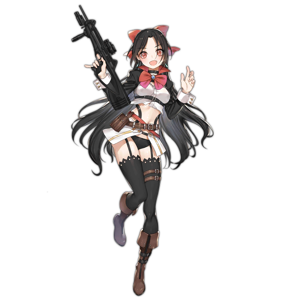 1girl ammunition_pouch bangs belt beretta_cx4 black_hair black_jacket black_legwear black_panties boots bow bowtie breasts brown_footwear choker collar crop_top cropped_jacket cx4_storm_(girls_frontline) earrings eyebrows_visible_through_hair fang foregrip full_body garter_straps garters girls_frontline gun haijin hair_bow hair_ribbon hand_up high_collar holding holding_gun holding_weapon jacket jewelry knee_boots logo long_hair long_sleeves looking_at_viewer medium_breasts midriff miniskirt navel official_art open_clothes open_mouth open_skirt panties parted_bangs pinky_out pouch red_bow red_eyes red_neckwear red_ribbon ribbon rifle sapphire_(gemstone) sidelocks skirt sleeve_cuffs smile solo standing standing_on_one_leg stomach strap stud_earrings thigh-highs thigh_strap transparent_background trigger_discipline underbust underwear utility_belt very_long_hair weapon wrist_cuffs