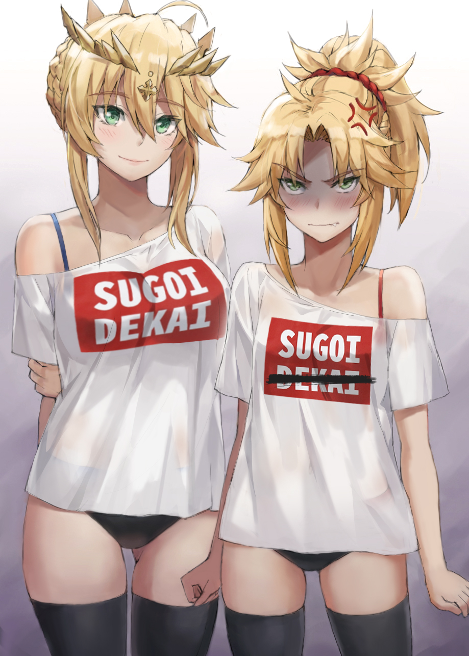 2girls anger_vein annoyed artoria_pendragon_(all) artoria_pendragon_(lancer) black_legwear blonde_hair bloomers blush bra_strap clenched_hands commentary_request cowboy_shot eyes_visible_through_hair fang fate/apocrypha fate/grand_order fate_(series) green_eyes highres looking_at_viewer mordred_(fate) mordred_(fate)_(all) multiple_girls off-shoulder_shirt off_shoulder shirt smile t-shirt thigh-highs tiara tonee underwear uzaki-chan_wa_asobitai!