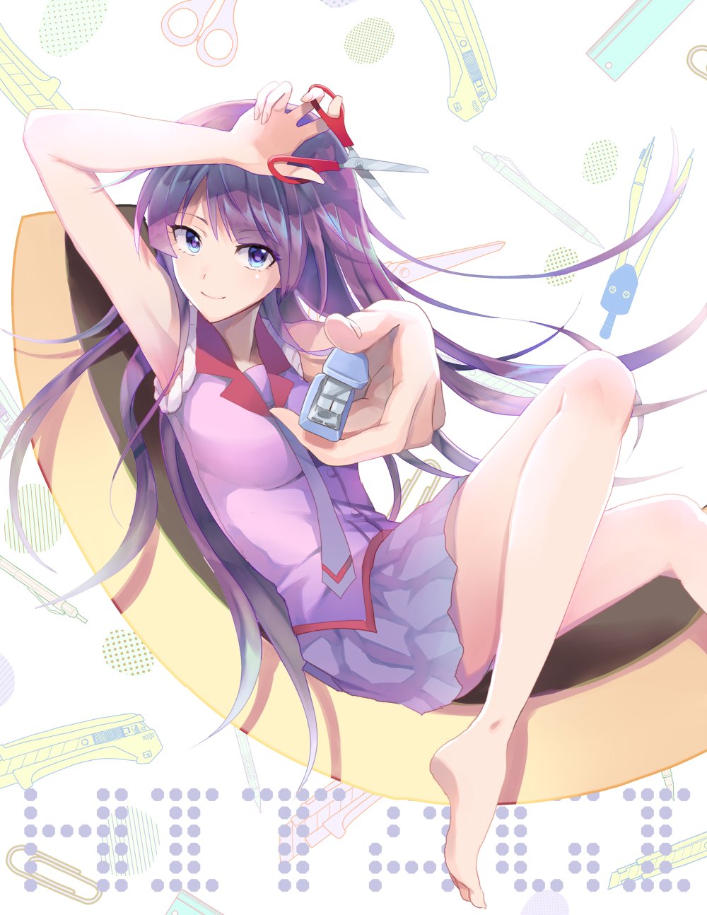1girl arm_up armpits bakemonogatari bangs bare_legs barefoot blue_eyes boxcutter breasts chair character_name collar collared_shirt commentary english_text eyelashes foot_out_of_frame foreshortening gum_(vivid_garden) highres holding holding_scissors leaning_back legs long_hair looking_at_viewer mechanical_pencil medium_breasts monogatari_(series) naoetsu_high_school_uniform necktie paperclip pen pencil pleated_skirt purple_hair purple_shirt purple_skirt red_collar ruler school_uniform scissors senjougahara_hitagi shiny shiny_hair shirt sidelocks sitting skirt sleeves_rolled_up solo stapler stationery