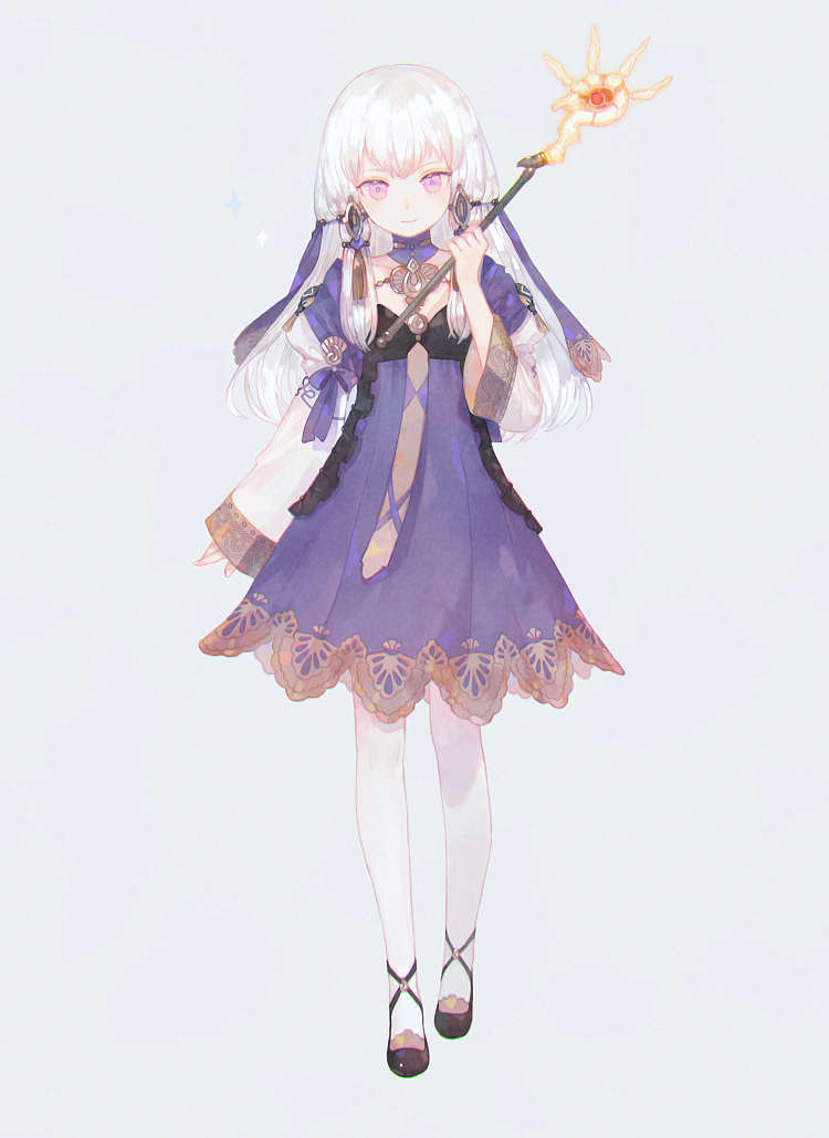 1girl closed_mouth dress eotyq58d6do16cs fire_emblem fire_emblem:_three_houses full_body hair_ornament holding holding_staff long_hair long_sleeves lysithea_von_ordelia pink_eyes simple_background solo staff white_hair white_legwear