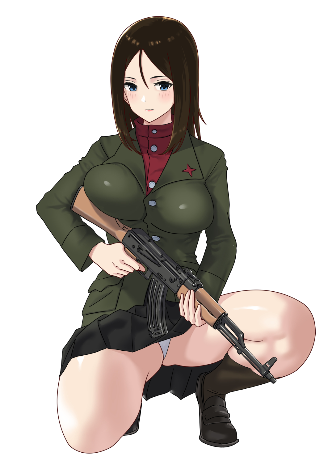 1girl black_hair black_skirt blue_eyes blush breasts closed_mouth girls_und_panzer gun highres large_breasts looking_at_viewer military military_uniform miniskirt nonna_(girls_und_panzer) panties pravda_military_uniform rifle shiny shiny_hair shiny_skin simple_background skirt solo underwear uniform upskirt weapon white_background white_panties yamano_rita