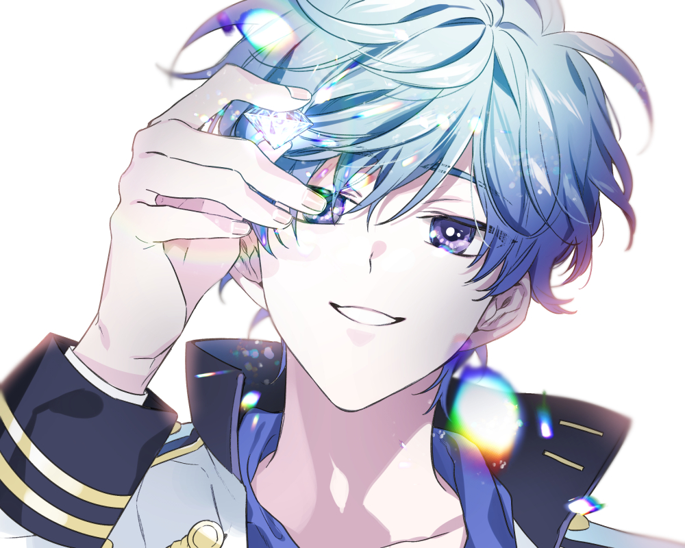 175x172nyrn 1boy argonavis_from_bang_dream! bang_dream! blue_hair diamond_(gemstone) droplet gem male_focus nanahoshi_ren scarf simple_background sleeve_cuffs smile solo upper_body violet_eyes white_background