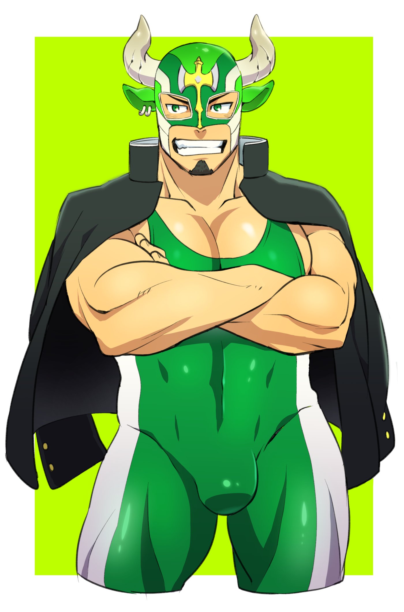 1boy bara bulge chest covered_abs crossed_arms ezaki_papiko facial_hair goat green_eyes highres horned_mask jacket jacket_on_shoulders looking_at_viewer male_focus muscle pectorals simple_background smile solo taurus_mask thighs tokyo_houkago_summoners upper_body wrestling_outfit