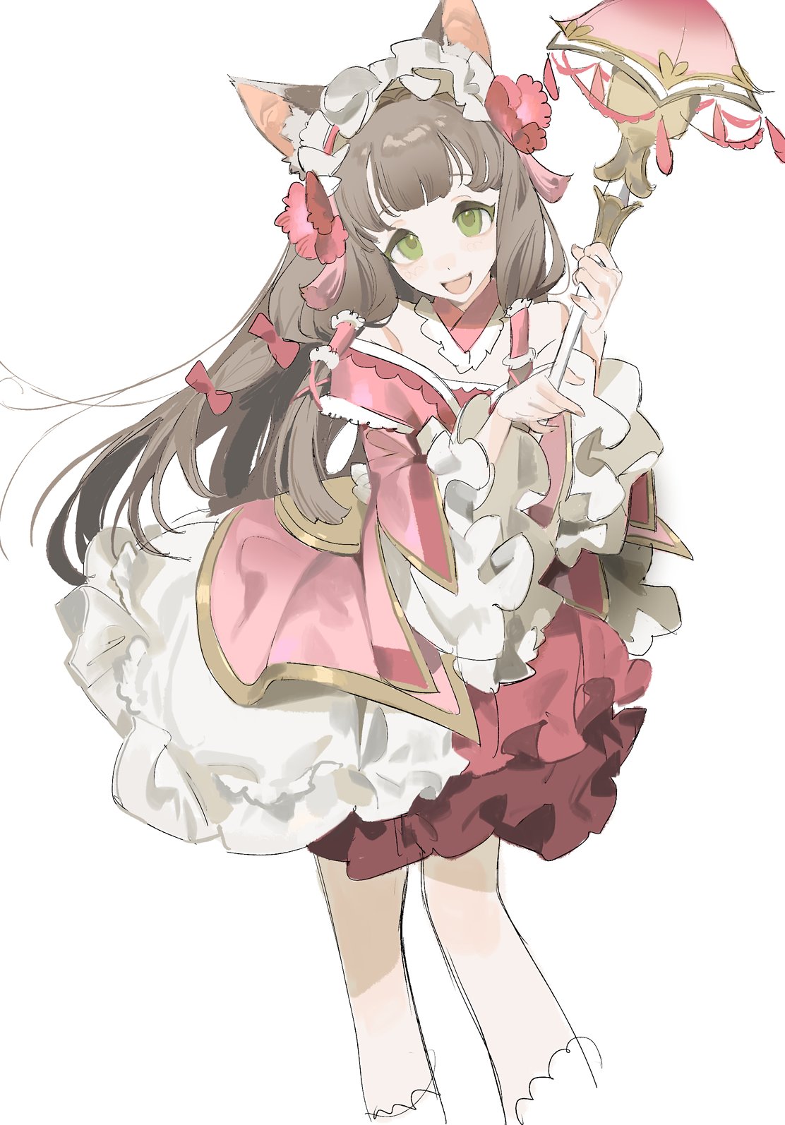 1girl :d animal_ear_fluff animal_ears blush bow brown_hair brown_nails character_request collar copyright_request dress fang feet_out_of_frame flower frilled_collar frilled_dress frilled_legwear frilled_skirt frilled_sleeves frills green_eyes green_pupils hair_bow hair_flower hair_ornament hair_tubes hairband hands_up headband highres holding horikwawataru jacket layered_clothing layered_dress layered_skirt long_hair maid_headdress multicolored multicolored_clothes multicolored_dress multicolored_headwear multicolored_skirt off_shoulder open_mouth pink_bow pink_collar pink_hairband pink_jacket red_skirt shiny shiny_hair simple_background skirt smile solo standing white_background white_dress white_headband white_legwear white_sleeves wide_sleeves x_hair_ornament
