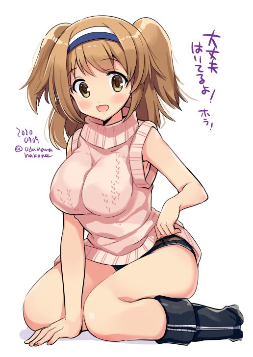 1girl :d blush breasts brown_eyes dated eyebrows_visible_through_hair hairband i-26_(kantai_collection) kantai_collection large_breasts light_brown_hair long_hair odawara_hakone open_mouth pink_sweater simple_background sleeveless sleeveless_sweater smile solo sweater twitter_username two-tone_hairband two_side_up white_background