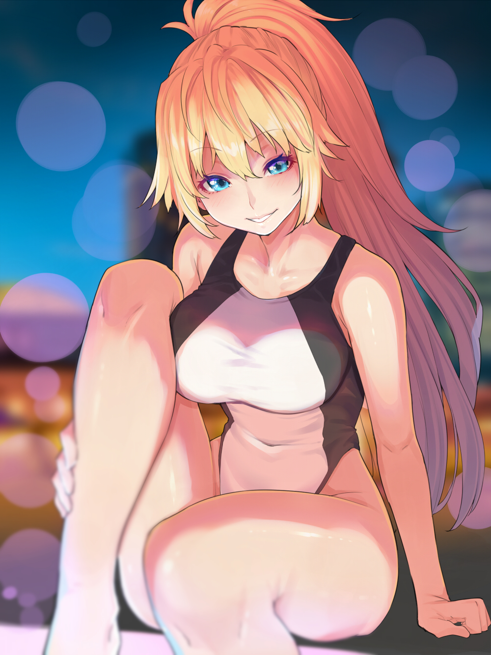 1girl bangs bare_shoulders blonde_hair blue_eyes blush breasts collarbone covered_navel fate/grand_order fate_(series) highleg highleg_swimsuit highres jeanne_d'arc_(fate)_(all) jeanne_d'arc_(swimsuit_archer) knees_up large_breasts long_hair looking_at_viewer mikan_(chipstar182) one-piece_swimsuit ponytail sitting smile swimsuit thighs white_swimsuit