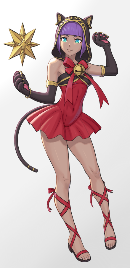 1girl animal_hood aqua_eyes black_gloves cat_hood cross-laced_sandals dark_skin dress elbow_gloves full_body gloves hood hood_up menat noppo_(tarstation) purple_hair red_dress sandals short_hair smile solo star_(symbol) street_fighter street_fighter_v