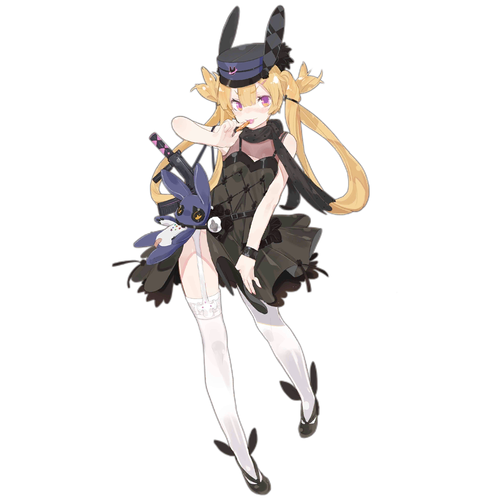 1girl alternate_costume bangs bare_shoulders black_dress black_footwear black_headwear black_scarf blonde_hair blush candy chinese_text dress eyebrows_visible_through_hair food full_body garter_straps girls_frontline gun hair_between_eyes hair_ornament hat lollipop long_hair looking_at_viewer official_art pandegg scarf shoes sleeveless sleeveless_dress solo sr-3mp_(girls_frontline) stuffed_animal stuffed_bunny stuffed_toy submachine_gun thigh-highs tongue tongue_out transparent_background twintails very_long_hair weapon white_legwear