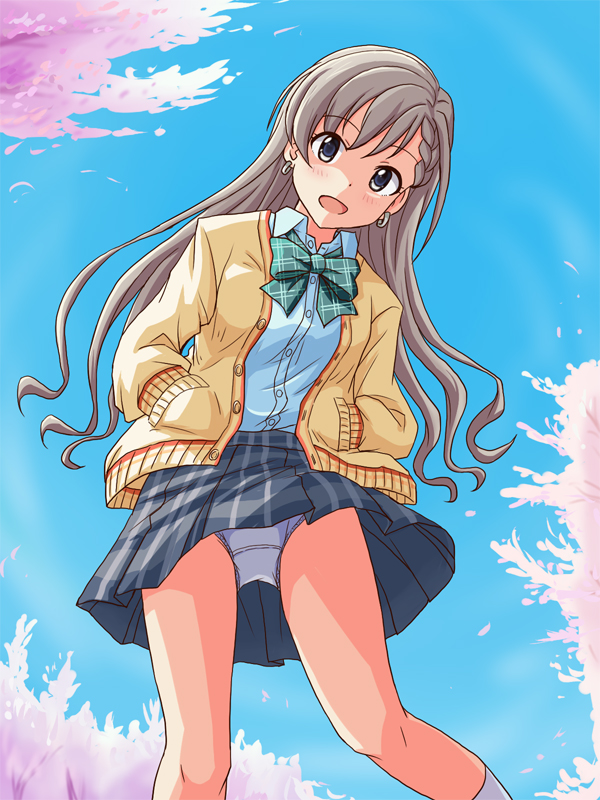 1girl bangs blue_eyes blue_shirt blue_sky bow bowtie braid cardigan commentary crotch_seam day dress_shirt earrings green_neckwear grey_hair grey_panties grey_skirt hands_in_pockets head_tilt hisakawa_hayate idolmaster idolmaster_cinderella_girls idolmaster_cinderella_girls_starlight_stage jewelry lielos long_hair looking_at_viewer miniskirt open_cardigan open_clothes open_mouth outdoors panties pantyshot plaid plaid_neckwear plaid_skirt pleated_skirt school_uniform shirt skirt sky smile socks solo underwear white_legwear wing_collar yellow_cardigan