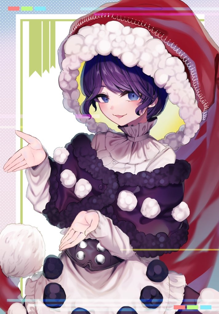 1girl :3 alternate_size bangs blue_eyes blush buttons choker commentary_request cowboy_shot doremy_sweet eyebrows_visible_through_hair floating_hair fur-trimmed_headwear hat ishikawa_sparerib large_hat long_sleeves looking_at_viewer nightcap open_mouth outstretched_hand oversized_clothes pom_pom_(clothes) popped_collar purple_hair red_headwear short_hair sidelocks smile solo swept_bangs touhou two-tone_dress wavy_mouth