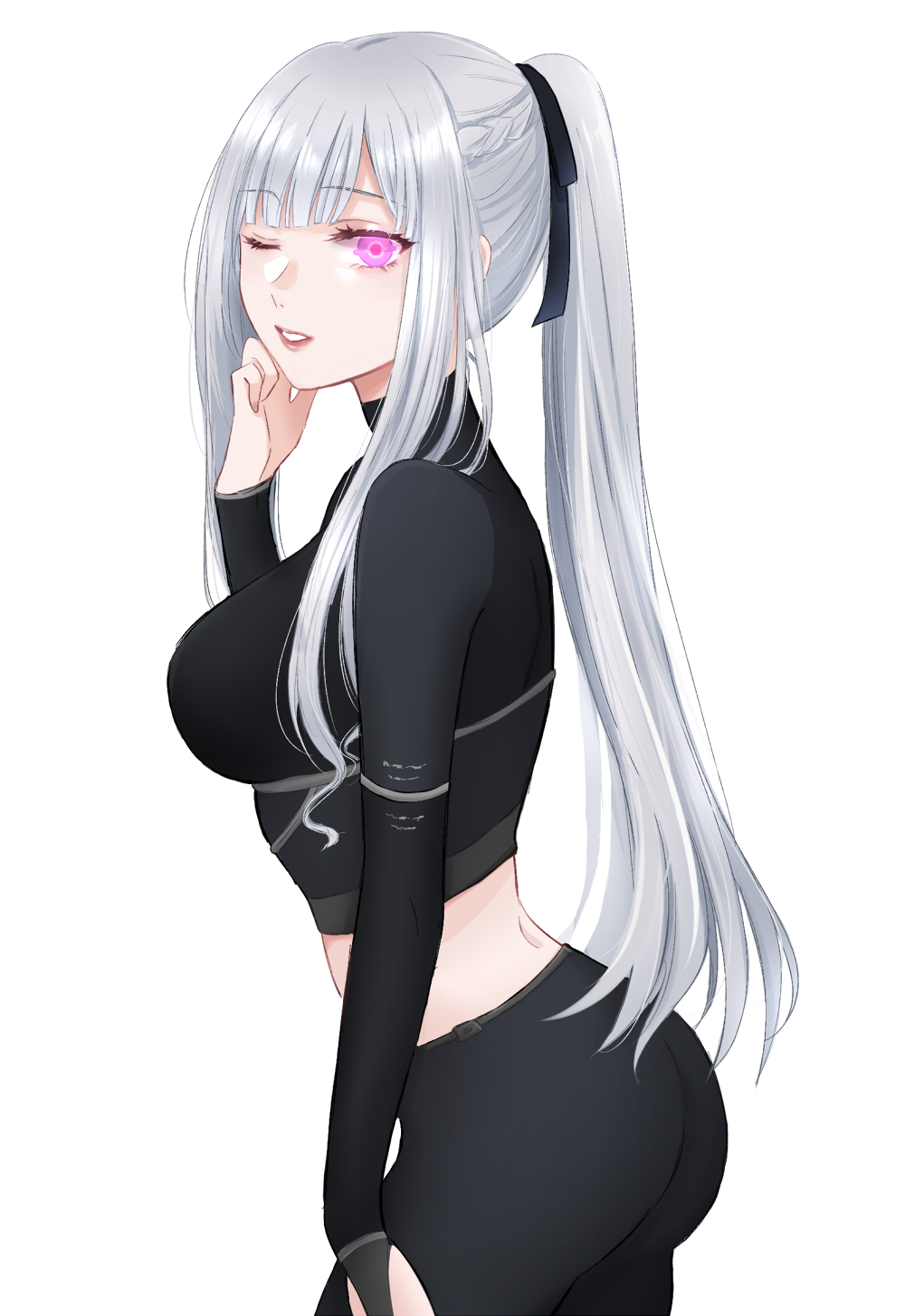 1girl ak-12_(girls_frontline) artificial_eye bangs black_pants black_ribbon black_sweater breasts commentary_request eyebrows_visible_through_hair from_side girls_frontline hand_on_own_cheek high_ponytail highres large_breasts long_hair midriff one_eye_closed pants parted_lips pink_eyes ribbon sidelocks silver_hair standing sui_(camellia) sweater yoga_pants