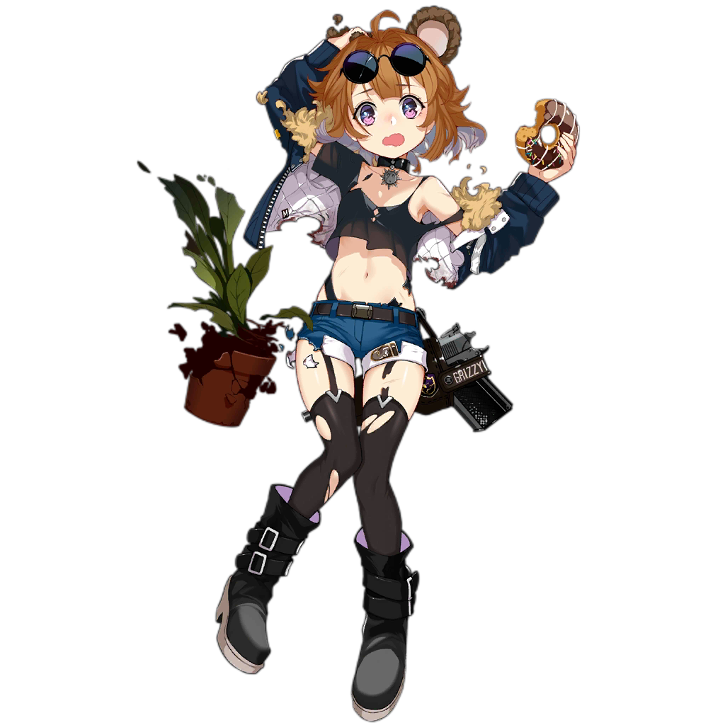 1girl ahoge alternate_costume animal_ears bear_ears bear_girl belt_boots black_footwear black_legwear boots breasts brown_hair copyright_name cropped_jacket damaged denim denim_shorts doughnut food full_body garter_straps girls_frontline grizzly_mkv_(girls_frontline) gun handgun holding holding_food holster jacket navel official_art open_clothes open_jacket open_mouth pistol plant potted_plant realmbw shadow short_hair short_shorts shorts small_breasts solo standing strap_slip sunglasses tank_top thigh-highs torn_clothes torn_legwear transparent_background violet_eyes wavy_mouth weapon younger