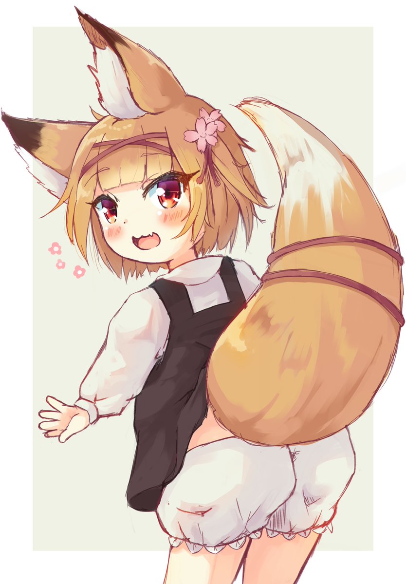 1girl :3 :d animal_ear_fluff animal_ears bangs black_dress blunt_bangs blush commentary cowboy_shot dress eyebrows_visible_through_hair fang flower fox_ears fox_girl fox_tail from_behind hair_flower hair_ornament hair_ribbon inconvenient_tail leaning_forward long_sleeves looking_at_viewer looking_back manabe_orange open_mouth original pinafore_dress puffy_long_sleeves puffy_sleeves red_eyes ribbon shirt simple_background skin_fang smile solo tail tail_ribbon white_bloomers white_shirt