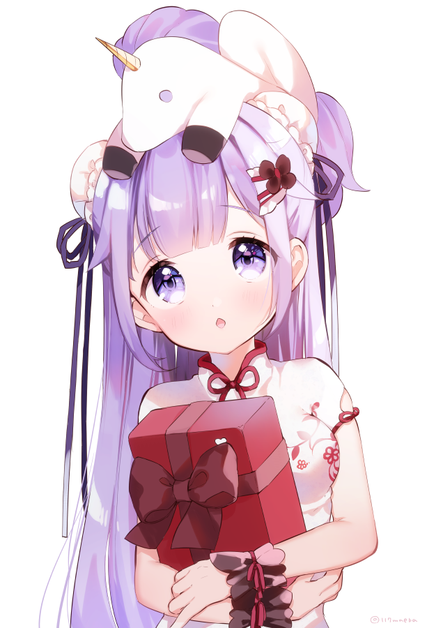 1girl azur_lane bangs black_ribbon blush box breasts bun_cover chestnut_mouth china_dress chinese_clothes commentary_request double_bun dress eyebrows_visible_through_hair gift gift_box hair_ribbon head_tilt looking_at_viewer maeha medium_breasts object_hug on_head parted_lips purple_hair ribbon short_sleeves simple_background solo stuffed_alicorn stuffed_animal stuffed_toy unicorn_(azur_lane) unicorn_(spring's_present)_(azur_lane) upper_body violet_eyes white_background white_dress wrist_cuffs