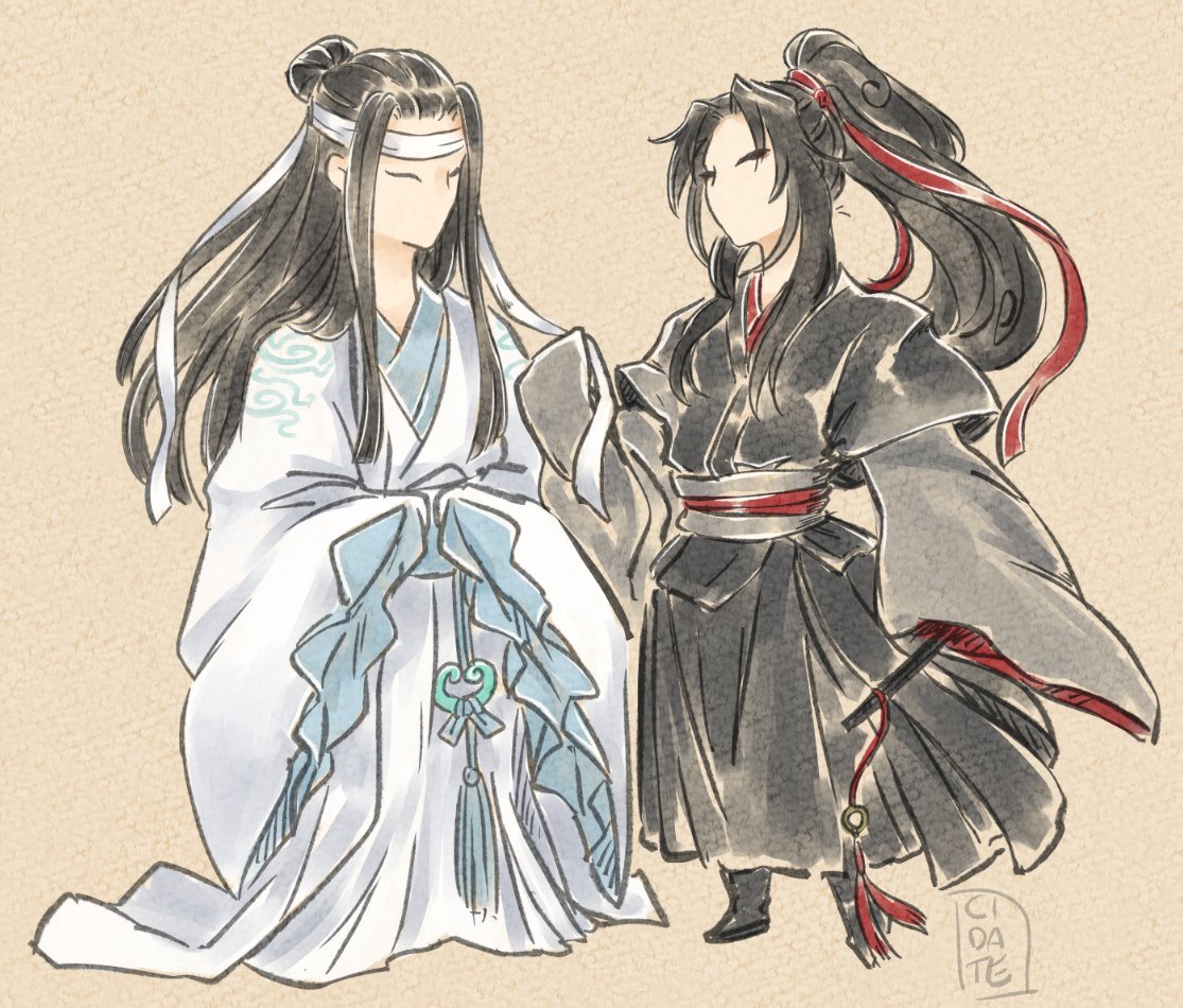 2boys black_hair cidate closed_eyes english_text full_body long_hair long_sleeves mo_dao_zu_shi multiple_boys multiple_girls no_mouth no_nose ookami_(game) parody red_ribbon ribbon sleeves_past_fingers sleeves_past_wrists standing style_parody wangji_lan white_ribbon white_robe wide_sleeves wuxian_wei