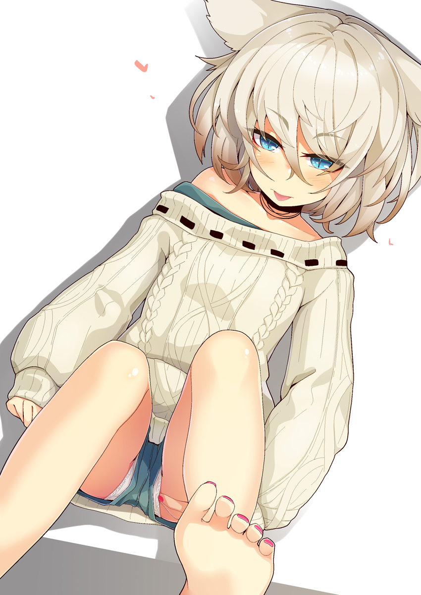 1girl animal_ears aran_sweater bangs bare_legs bare_shoulders barefoot blue_eyes blue_shorts blush borrowed_character closed_mouth commentary_request drop_shadow dutch_angle eyebrows_visible_through_hair feet grey_hair grey_sweater hair_between_eyes heart highres knees_up legs long_sleeves nail_polish off-shoulder_sweater off_shoulder ogami_kazuki original panties panties_under_shorts puffy_long_sleeves puffy_sleeves purple_nails red_nails ribbon-trimmed_sweater ribbon_trim short_shorts shorts sleeves_past_wrists soles solo sweater toenails tongue tongue_out underwear white_background white_panties