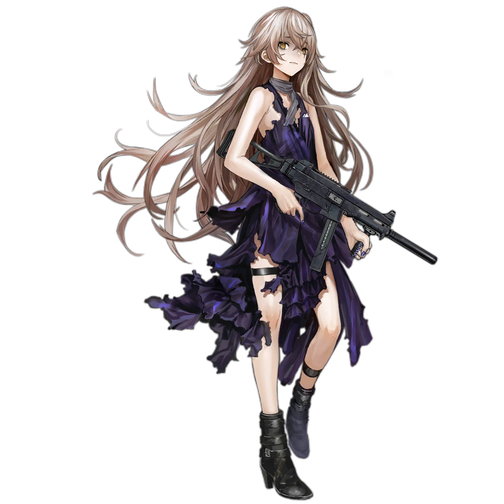 1girl alternate_costume bangs black_footwear breasts brown_hair closed_mouth damaged dress full_body girls_frontline gun h&amp;k_ump hair_between_eyes heckler_&amp;_koch high_heels holding holding_gun holding_weapon infukun long_hair looking_at_viewer machine_gun military nail_polish official_art one_side_up purple_dress purple_nails scar scar_across_eye small_breasts solo standing submachine_gun thigh_strap torn_clothes torn_dress transparent_background ump45_(girls_frontline) weapon yellow_eyes