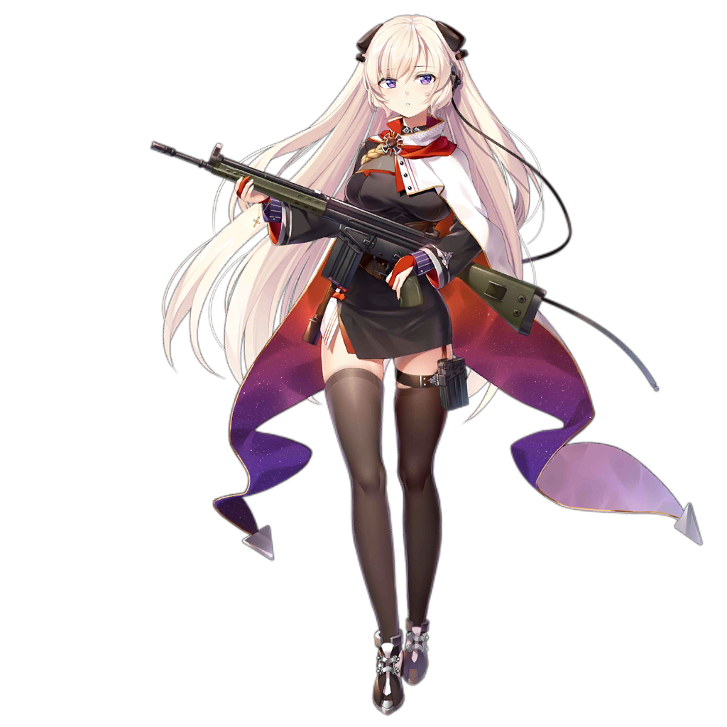1girl :o alternate_costume bangs battle_rifle black_dress blonde_hair blush breasts brown_footwear brown_legwear cape dress eyebrows_visible_through_hair full_body g3_(girls_frontline) girls_frontline gloves gun h&amp;k_g3 hair_between_eyes head_tilt headset holding holding_gun holding_weapon iron_cross long_hair long_sleeves looking_at_viewer medium_breasts mod3_(girls_frontline) official_art parted_lips partly_fingerless_gloves philomelalilium red_gloves rifle shoes skindentation solo standing striped thigh-highs transparent_background vertical_stripes very_long_hair violet_eyes weapon white_cape