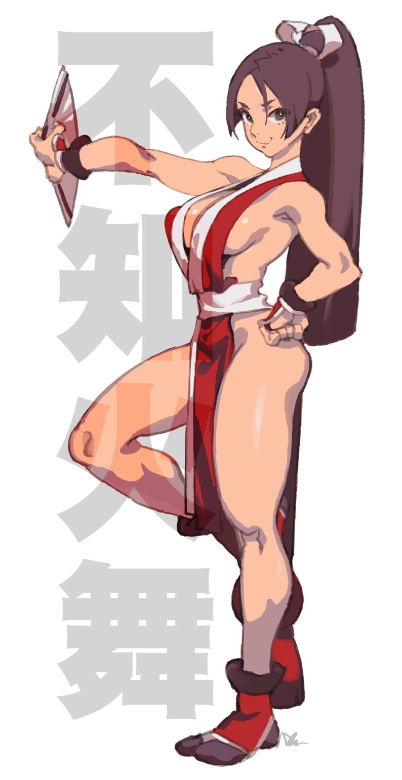 1girl bare_hips breasts brown_eyes brown_hair fan fatal_fury fishine hand_on_hip high_ponytail highres holding holding_fan japanese_clothes kanji kimono large_breasts long_hair looking_at_viewer ninja pelvic_curtain ponytail revealing_clothes shiranui_mai sideboob sleeveless sleeveless_kimono smile snk solo the_king_of_fighters