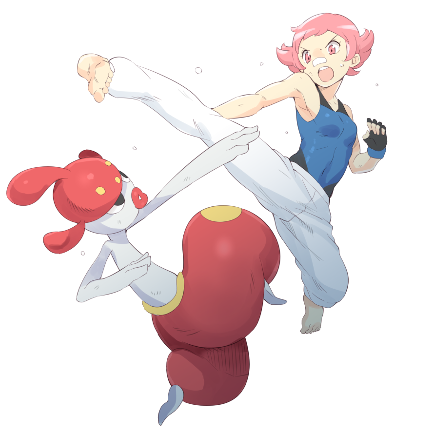 1girl :o artist_request bandaid barefoot clenched_hand drawfag fingerless_gloves gen_3_pokemon gloves gym_leader jump_kick jumping kicking medicham open_mouth pink_eyes pink_hair pokemon pokemon_(creature) pokemon_(game) pokemon_dppt short_hair simple_background sumomo_(pokemon) sweatdrop tomboy white_background