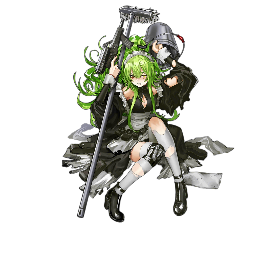 1girl :d alternate_costume apron bangs black_footwear blush breasts bucket calico_m950 clothes_writing collarbone damaged detached_sleeves frills full_body girls_frontline green_hair grey_legwear gun hair_between_eyes hand_on_hip handgun hands_up head_tilt high_heels holding holding_bucket holding_gun holding_weapon infukun long_hair looking_at_viewer m950a_(girls_frontline) maid medium_breasts mop official_art open_mouth parted_lips pistol pouch puffy_sleeves shirt sidelocks single_knee_pad sitting skirt sleeveless sleeveless_shirt smile solo thigh-highs torn_clothes torn_legwear transparent_background trigger_discipline twintails unbuttoned unbuttoned_shirt wavy_hair weapon yellow_eyes