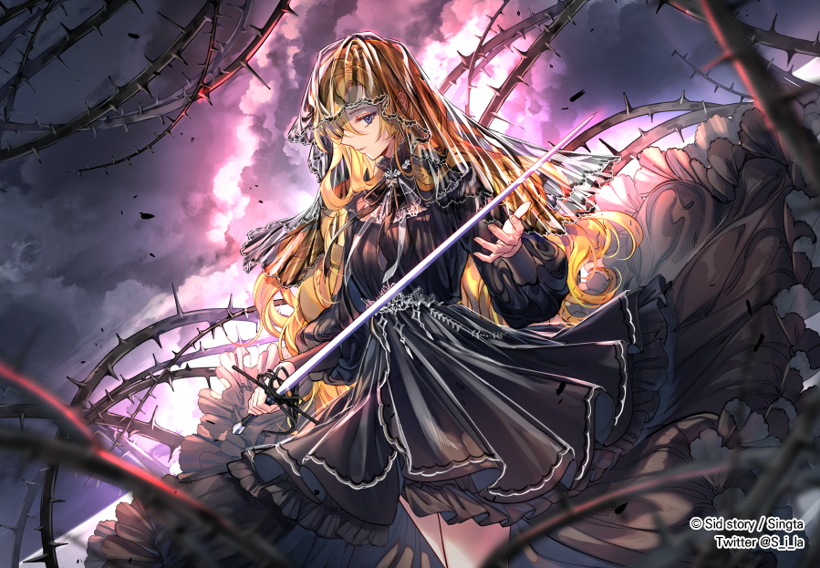 1girl black_dress blonde_hair blue_eyes blurry_foreground closed_mouth cowboy_shot curly_hair dress floating_hair hair_between_eyes holding holding_sword holding_weapon layered_dress long_hair long_sleeves sid_story sila_(carpen) soles standing sword thorns very_long_hair weapon