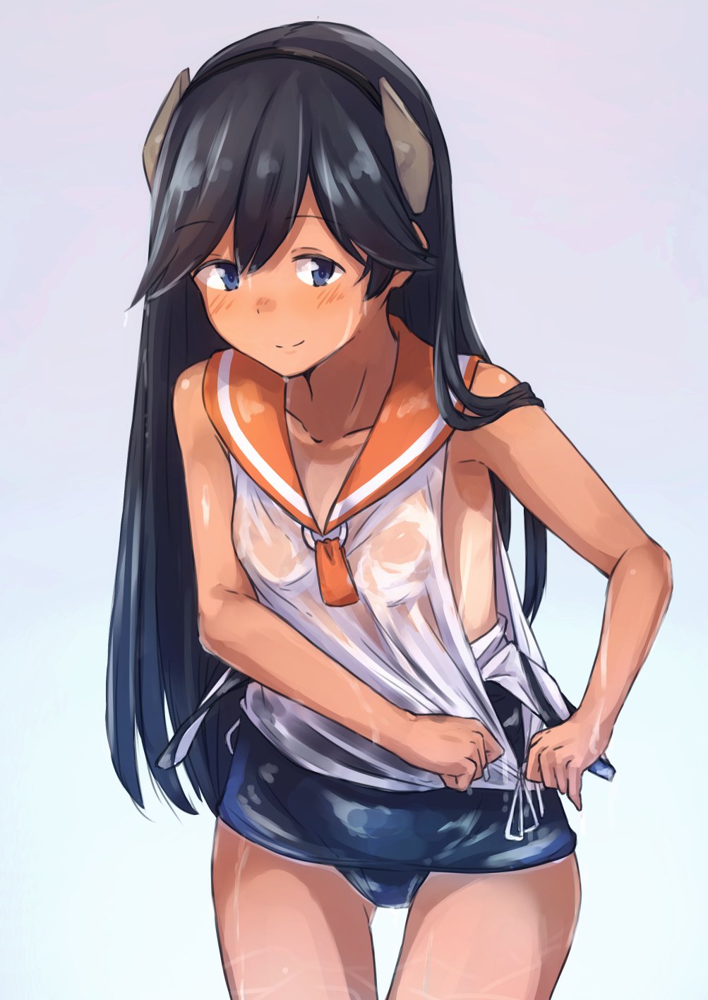 1girl black_hair blue_eyes blush character_request highres i-400_(kantai_collection) kantai_collection kuuru_(kuuru-n) long_hair sailor_collar see-through smile solo swimsuit_pull tan undressing very_long_hair wet wet_clothes