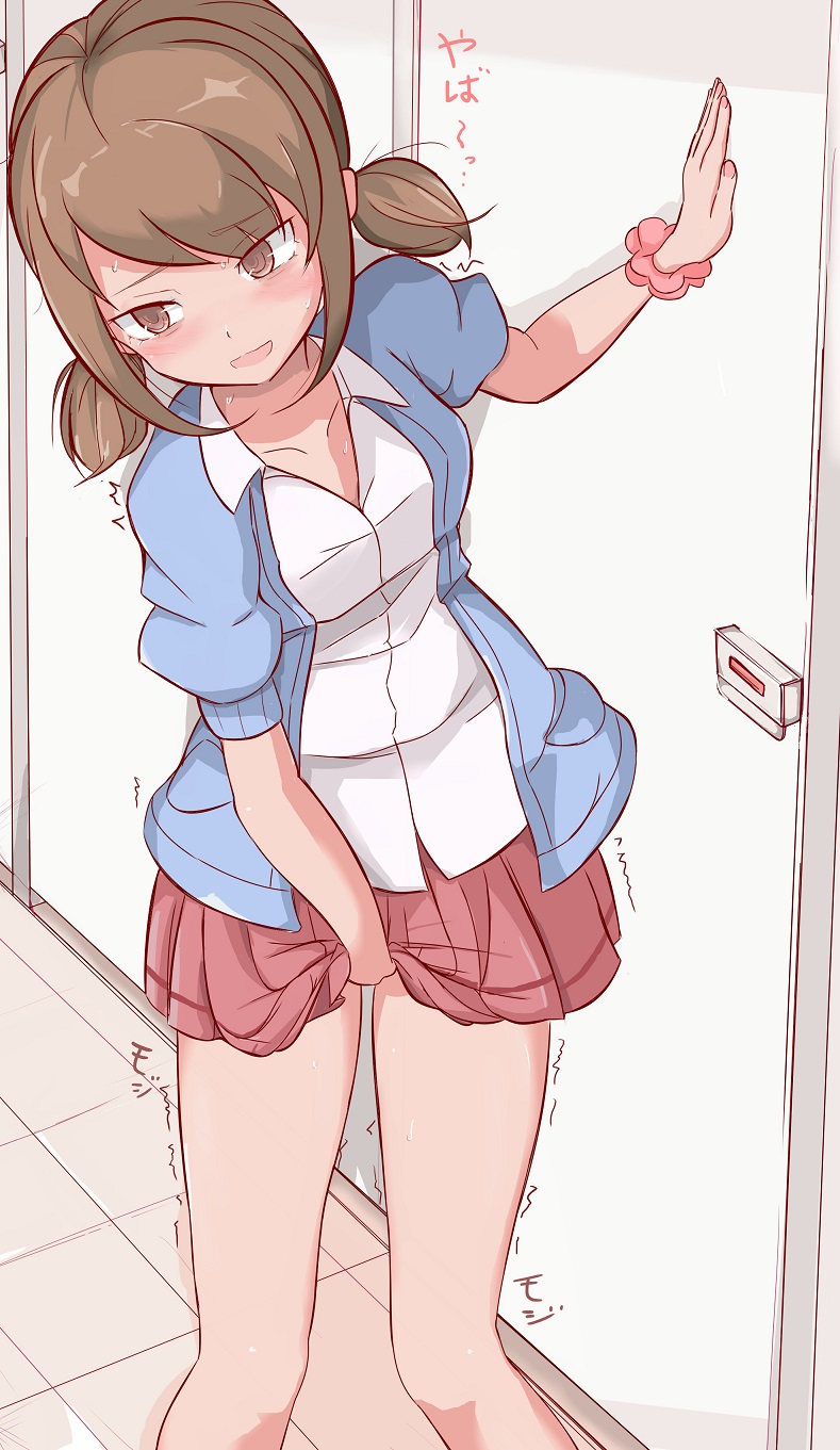 1girl bangs bathroom between_legs blue_jacket blush breasts brown_eyes brown_hair collarbone commentary_request door embarrassed eyebrows_visible_through_hair hair_tie hand_between_legs hand_up have_to_pee highres indoors jacket lass_(pokemon) medium_breasts miniskirt muroi_(fujisan0410) open_mouth pleated_skirt pokemon pokemon_(game) pokemon_oras red_skirt scrunchie shiny shiny_hair shirt short_hair short_sleeves skirt smile solo standing sweat talking tied_hair translation_request trembling twintails white_shirt wrist_scrunchie