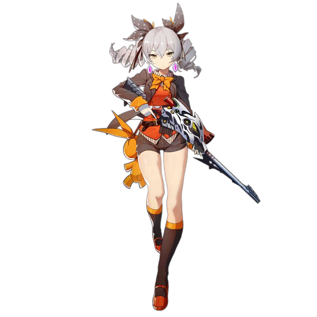 1girl bangs benghuai_xueyuan black_legwear blazer bronya_zaychik bronya_zaychik_(wolf's_dawn) brown_shorts closed_mouth crossover drill_hair earrings expressionless full_body girls_frontline gun hair_between_eyes holding holding_gun holding_weapon honkai_(series) jacket jewelry kneehighs long_hair looking_at_viewer mary_janes official_art open_blazer open_clothes open_jacket red_footwear rifle shadow shoes short_shorts shorts sidelocks sniper_rifle solo stuffed_animal stuffed_bunny stuffed_toy thighs transparent_background tsurime twintails vest waterkuma weapon