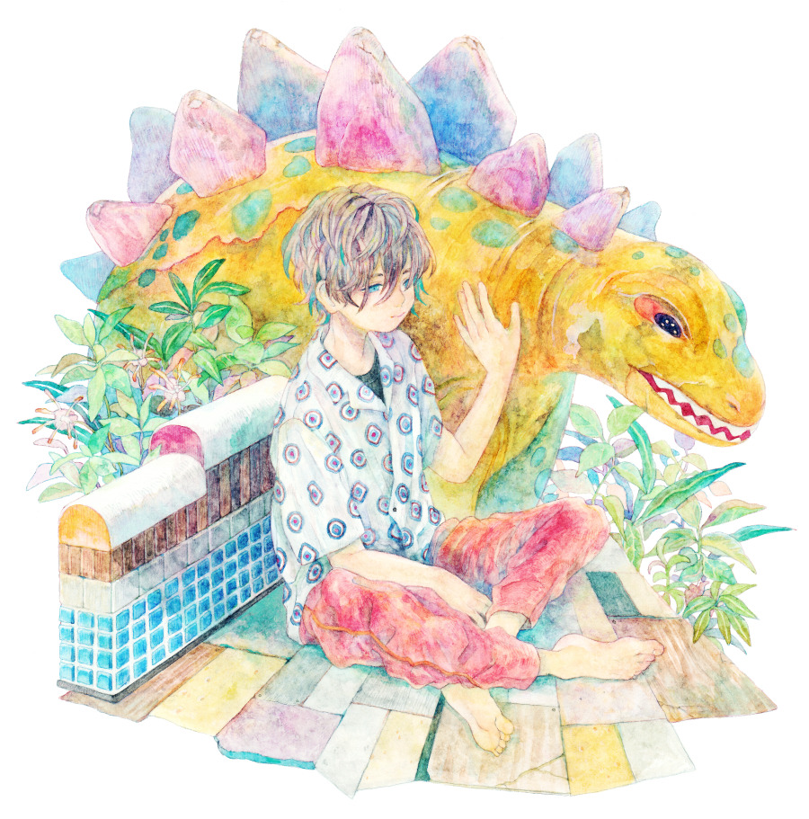 1boy aqua_hair barefoot brown_hair dinosaur leaf original pants patterned_clothing plant print_shirt red_pants runta shirt short_hair short_sleeves sitting solo white_background